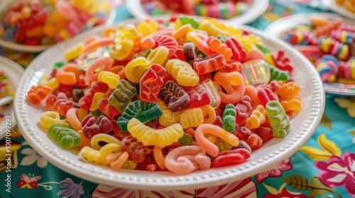 A vibrant selection of assorted gummy candies in various shapes and colors displayed on a decorative white plate. The candies sparkle with a sugary coating, candy salad