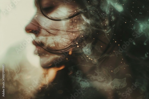A close-up shot of a person with long hair