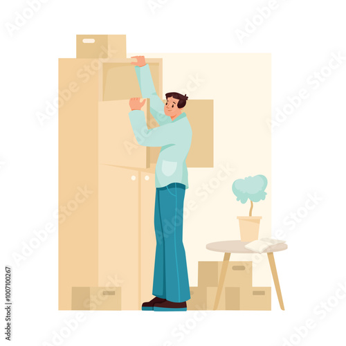 Man Character at Wardrobe Do Cleanup at Home Vector Illustration