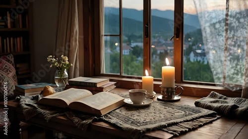 Tranquil reading nook with an open book, warm candlelight, and a peaceful mountain view, seamless looping 4k animation video background	