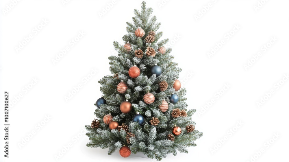A Christmas tree adorned with ornaments, isolated on a white background for festive decoration. A Christmas tree adorned with ornaments, isolated on a white background for festive decoration.