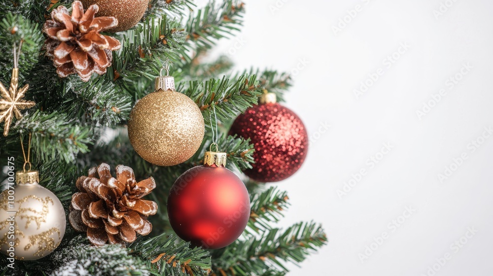 A Christmas tree adorned with ornaments, isolated on a white background for festive decoration. A Christmas tree adorned with ornaments, isolated on a white background for festive decoration.