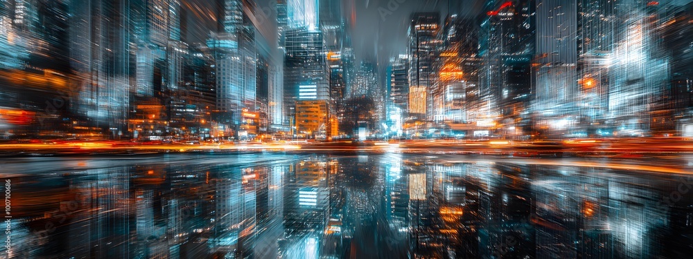 Photograph of an urban cityscape at night, with reflections on the glass surfaces of skyscrapers and long exposure lights creating streaks of motion Photograph of an urban cityscape at night, with reflections on the glass surfaces of skyscrapers and long exposure lights creating streaks of motion