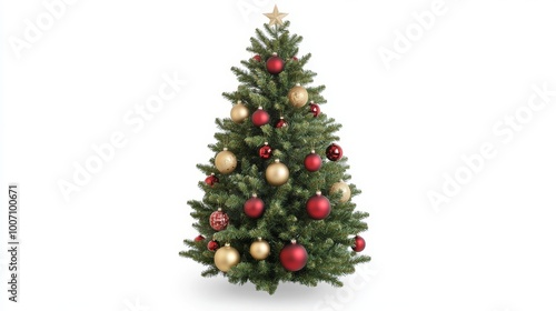 A Christmas tree adorned with ornaments, isolated on a white background for festive decoration.