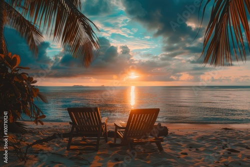 Two wooden chairs on a sandy beach  perfect for relaxation or sunset watching