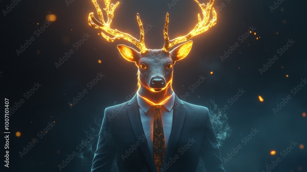 A deer in business attire with glowing antlers, blending fantasy and professionalism. A deer in business attire with glowing antlers, blending fantasy and professionalism.