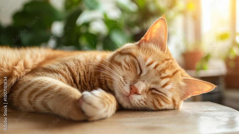 Naklejka premium A ginger cat rests its paw on a table. A happy tabby cat is enjoying a relaxing time at home.