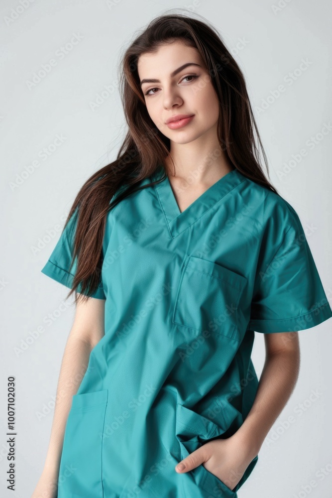 A female healthcare professional posing for a photo in a green scrub suit, suitable for use in medicine-related contexts A female healthcare professional posing for a photo in a green scrub suit, suitable for use in medicine-related contexts