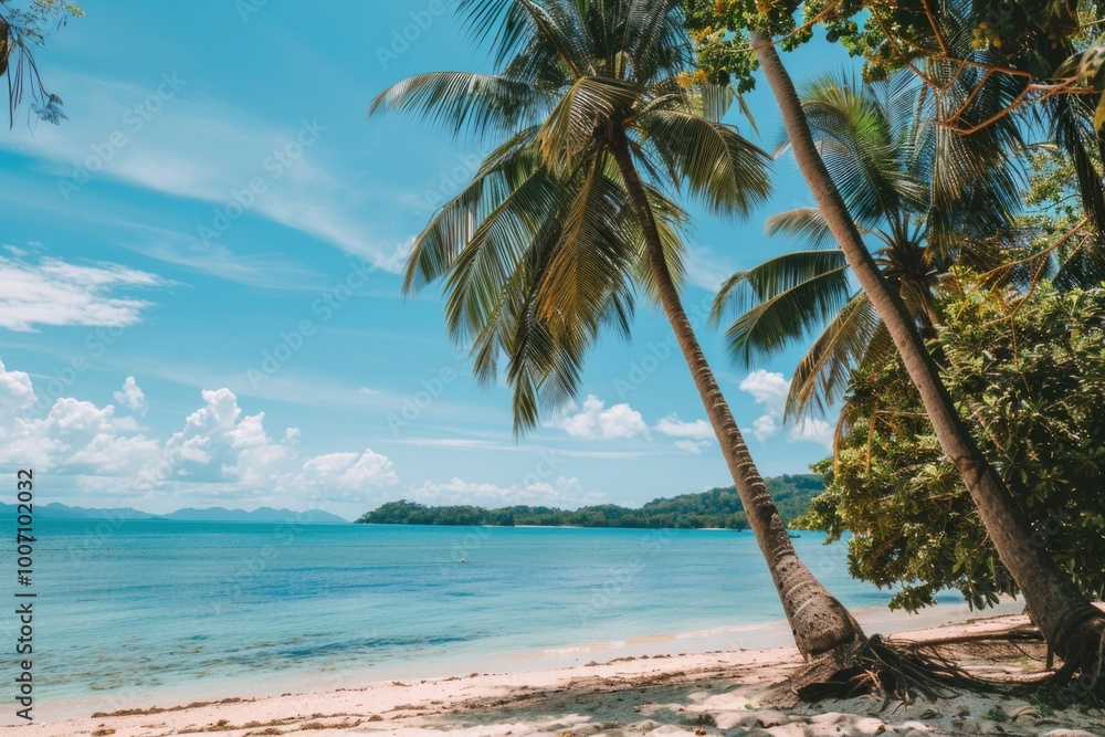 Coastal scene with palm trees and a boat moored in the calm waters of the sea Coastal scene with palm trees and a boat moored in the calm waters of the sea