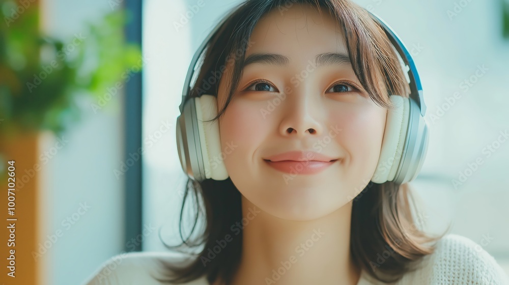 Asian woman wearing headphones is smiling and listening to music at ...