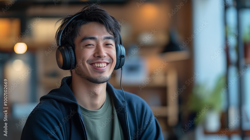 middle age Asian man wearing headphones is smiling and listening to music at home with bookshelf as background middle age Asian man wearing headphones is smiling and listening to music at home with bookshelf as background