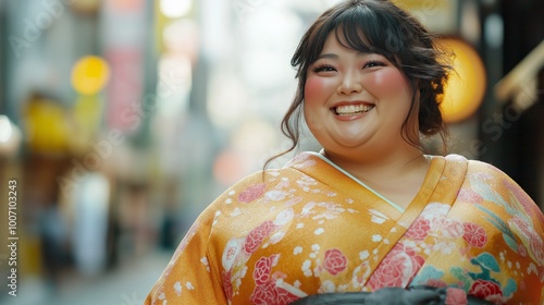 happy pretty plus size fat Japanese woman wearing traditional kimono dress smiling at city street, optimistic cheerful, self-esteem with confidence concept