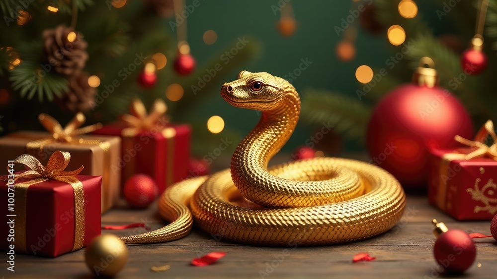 Golden snake lies near the Ghristmas gifts. Symbol of the coming New Year Golden snake lies near the Ghristmas gifts. Symbol of the coming New Year