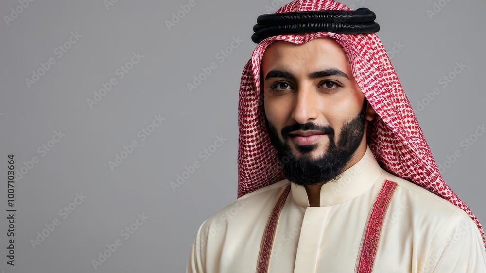 A portrait of a man in traditional attire with a friendly expression. A portrait of a man in traditional attire with a friendly expression.