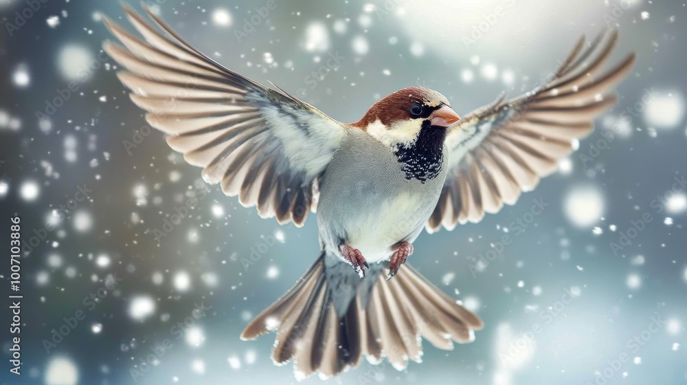 Fototapeta premium A male house sparrow flying with its wings spread wide during the winter.