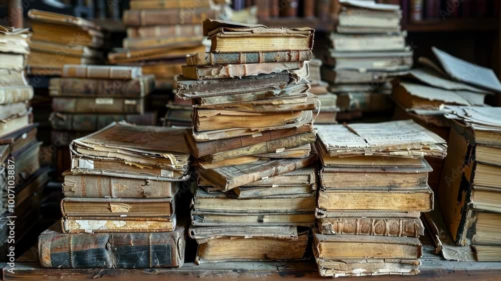 Stacks of old books with torn pages and worn covers are piled on a wooden surface, showcasing the passage of time and the preservation of knowledge Stacks of old books with torn pages and worn covers are piled on a wooden surface, showcasing the passage of time and the preservation of knowledge