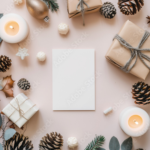 Cozy Winter holiday blank flatlay mockup for customizable designs, neutral tones, beige white background, boho vibe, with pinecones, pine needles, candles and ornaments