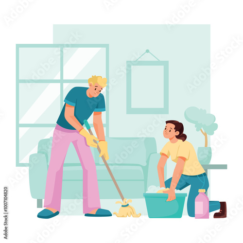Man and Woman Character Mopping Floor Do Cleanup at Home Vector Illustration
