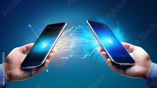 Two phones, transferring information via Wi-Fi or Bluetooth. Transferring data from one smartphone to another.