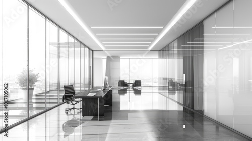 Empty office space with lots of glass walls and modern furniture  suitable for corporate or commercial use