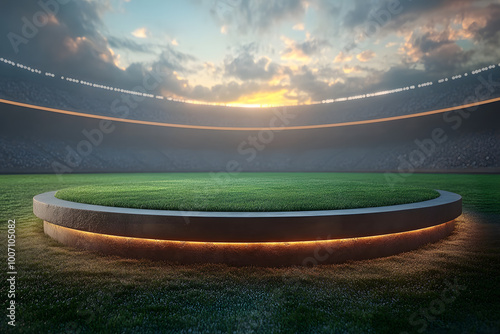 A modern  cylindrical podium placed in the middle of a large football stadium  with vibrant green grass and empty stands in the background. The image captures the anticipation of an upcoming sports ev