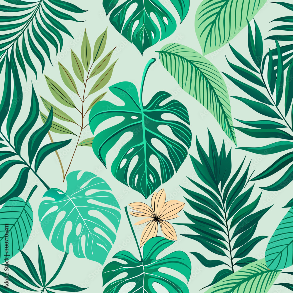 A vibrant and tropical seamless pattern featuring lush green foliage, including monstera leaves, palm fronds, and delicate branches. A vibrant and tropical seamless pattern featuring lush green foliage, including monstera leaves, palm fronds, and delicate branches.