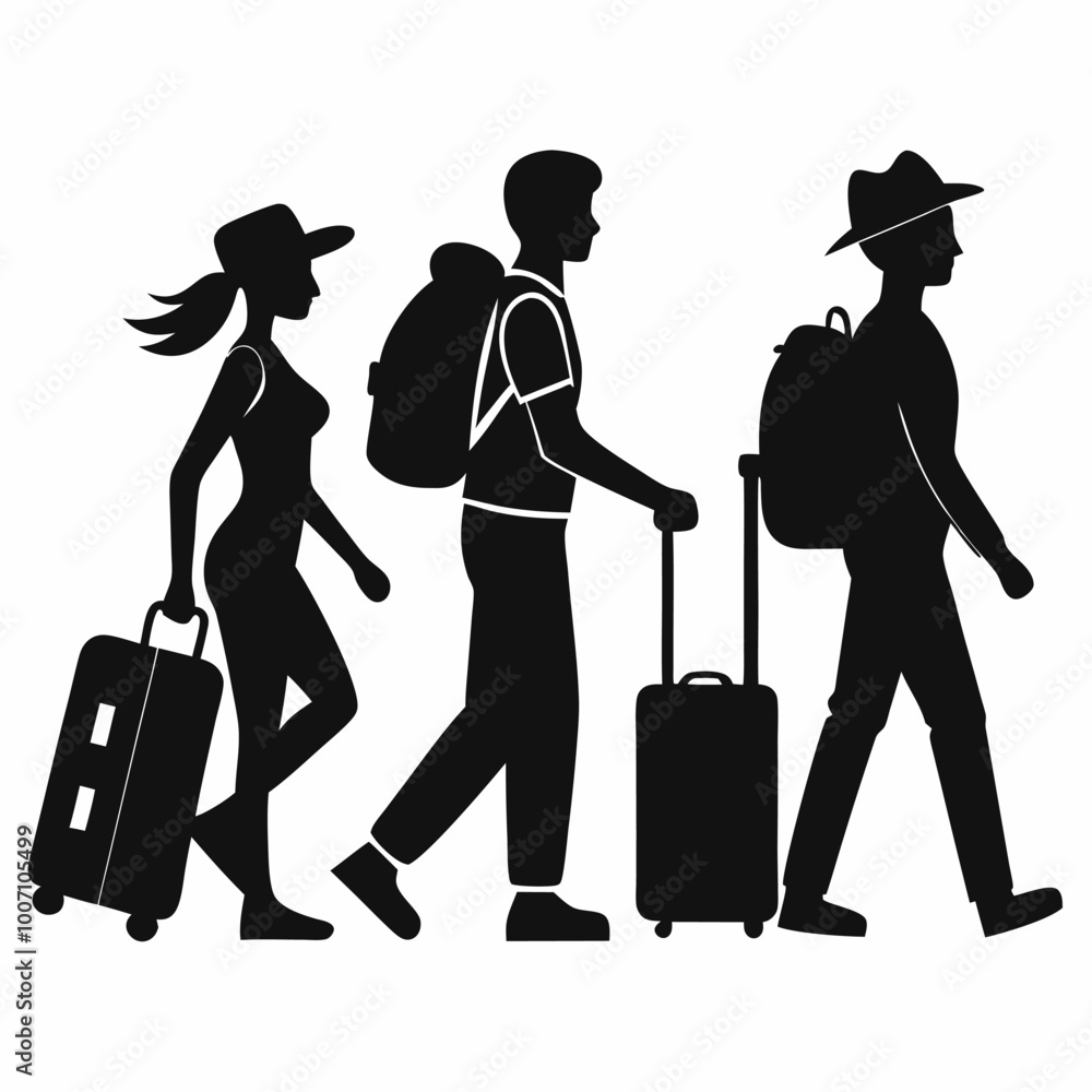 A group of three travelers are on their way to an adventure. They are carrying backpacks and suitcases, and are ready to explore the world. A group of three travelers are on their way to an adventure. They are carrying backpacks and suitcases, and are ready to explore the world.
