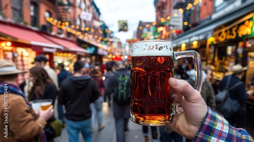 Wallpaper Mural A man is holding a glass of beer in a crowded city street. Octoberfest, beer festival concept Torontodigital.ca