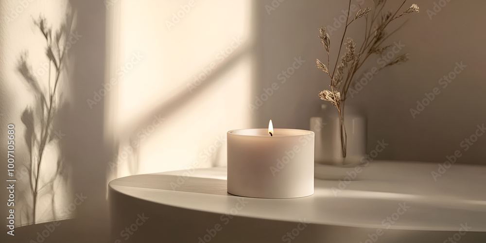Minimalist Candle Casting Soft Shadows in a Tranquil Setting Minimalist Candle Casting Soft Shadows in a Tranquil Setting