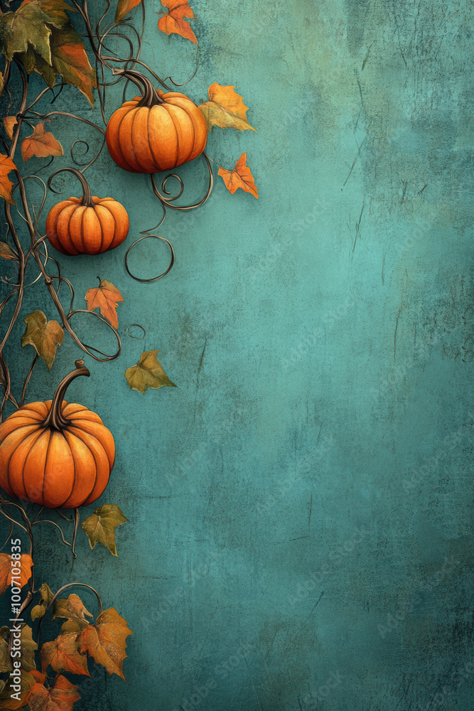 autumn pumpkin illustration, cute autumn design with cartoon pumpkins and vines on a teal backdrop for a whimsical touch autumn pumpkin illustration, cute autumn design with cartoon pumpkins and vines on a teal backdrop for a whimsical touch
