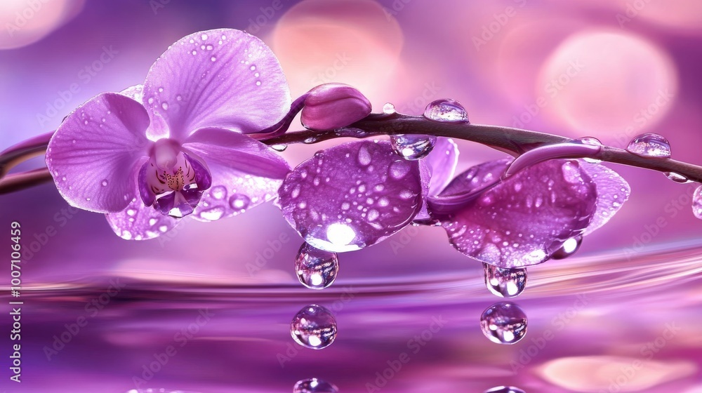 Fototapeta premium A purple orchid with a raindrop or dewdrop on it.