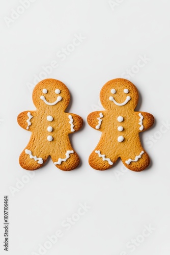 Two smiling gingerbread cookies with icing decorations sit on a white surface, showcasing festive holiday treats