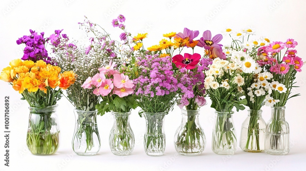 Colorful Arrangement of Fresh Cut Flowers in Jars Colorful Arrangement of Fresh Cut Flowers in Jars