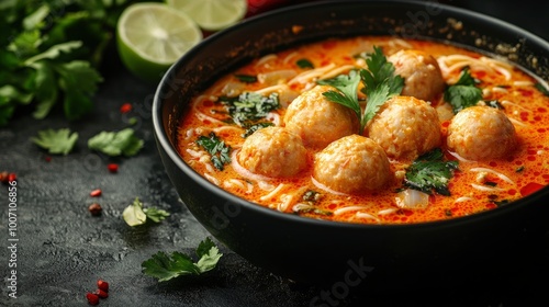 Delicious Thai Coconut Soup with Meatballs and Noodles