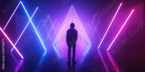 a man standing in front of a neon light photo