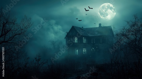 A haunted house under a full moon, surrounded by swirling fog and bats flying around. The eerie atmosphere creates a perfect spooky scene, capturing the essence of a chilling Halloween night.