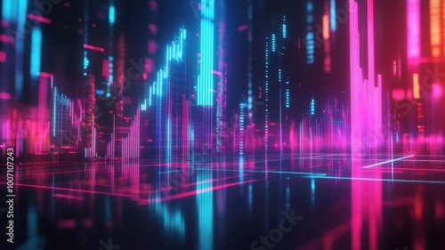 Futuristic digital landscape with vibrant neon colors, representing data visualization and digital connectivity.