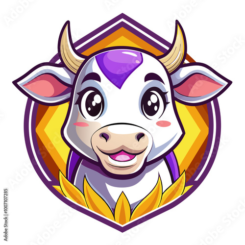 Cartoon Cow Head with Purple Horns and Yellow Background