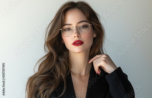 Elegant portrait of a stylish woman with long brown hair, wearing glasses and red lipstick, posing confidently