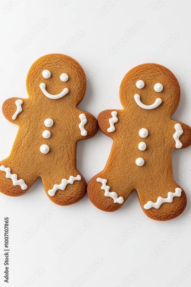 Two gingerbread cookies with icing decorations smiling cheerfully, perfect for holiday celebrations and festive traditions Two gingerbread cookies with icing decorations smiling cheerfully, perfect for holiday celebrations and festive traditions
