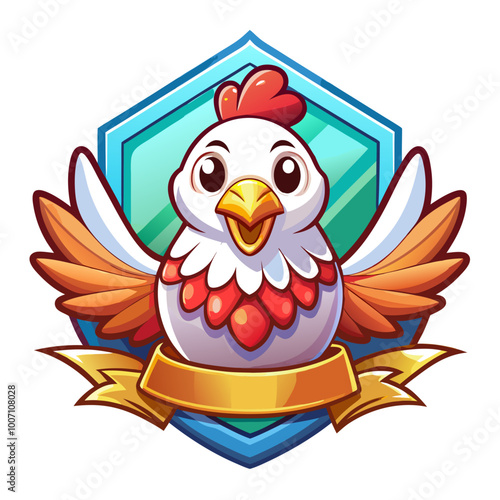 Cartoon Chicken with Wings in a Hexagonal Crest with a Ribbon
