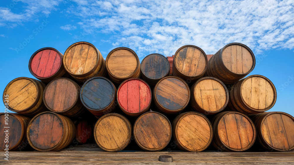 A stack of wooden barrels under a bright blue sky, showcasing natural textures and colors. Ideal for rustic and vintage themes. A stack of wooden barrels under a bright blue sky, showcasing natural textures and colors. Ideal for rustic and vintage themes.
