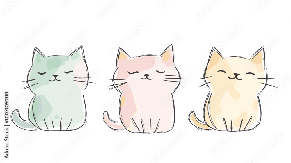 Fototapeta premium vector flat style sitting three cats on white background .Generative AI