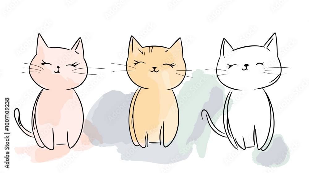 Fototapeta premium vector flat style sitting three cats on white background .Generative AI