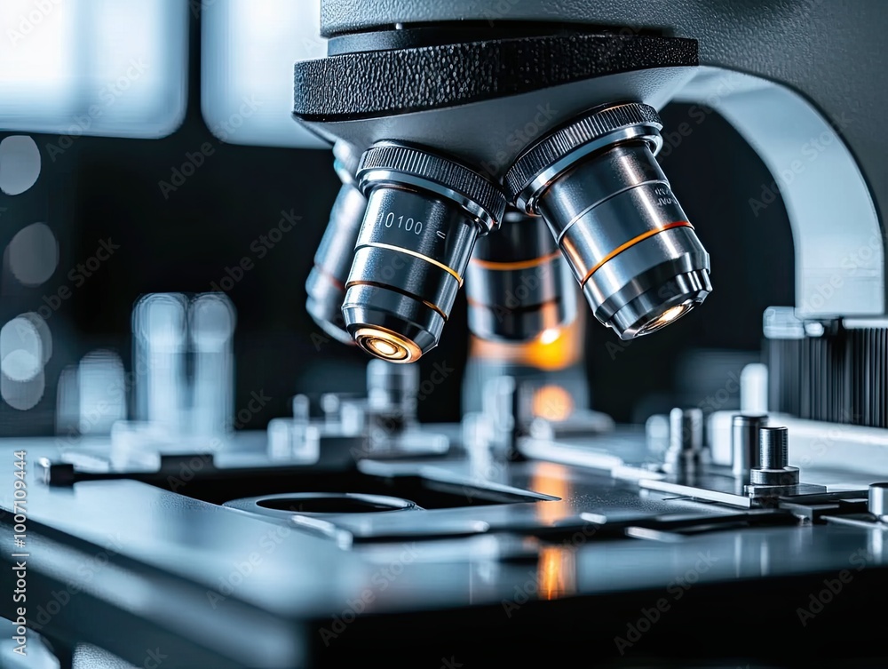 A microscope with a black and silver lens A microscope with a black and silver lens