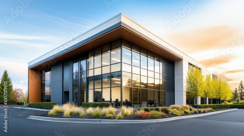 A low-rise office building with large windows and minimalist design  surrounded by greenery and a spacious parking lot.