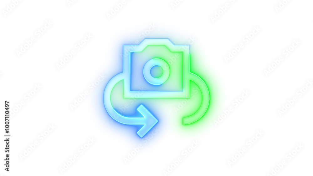 Neon icon rotate camera symbol blue green color transparent background Neon icon rotate camera symbol blue green color transparent background
