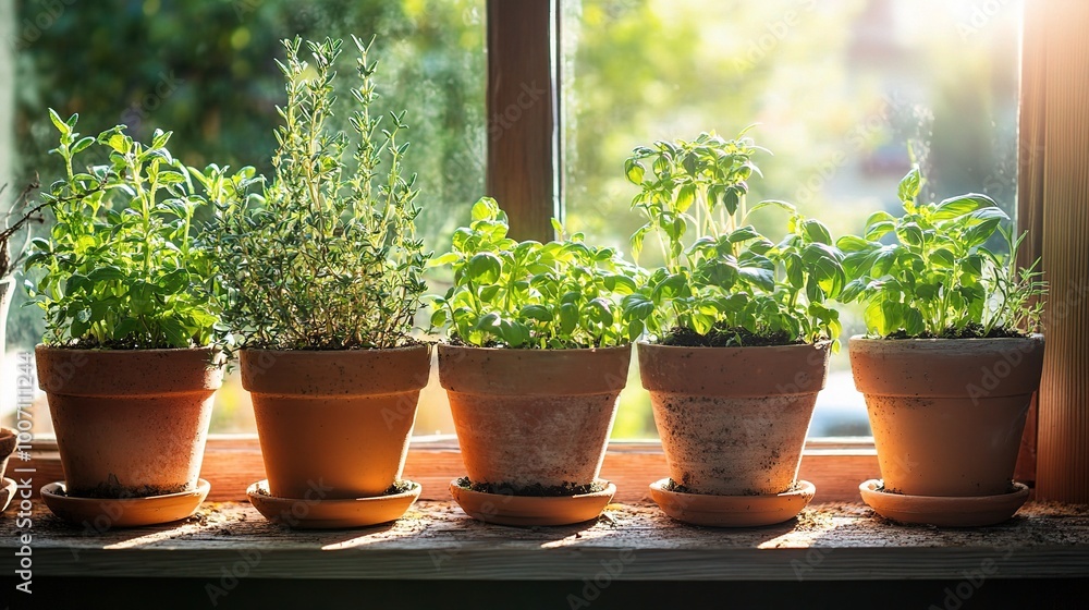 Herb Garden on a Sunlit Windowsill Herb Garden on a Sunlit Windowsill