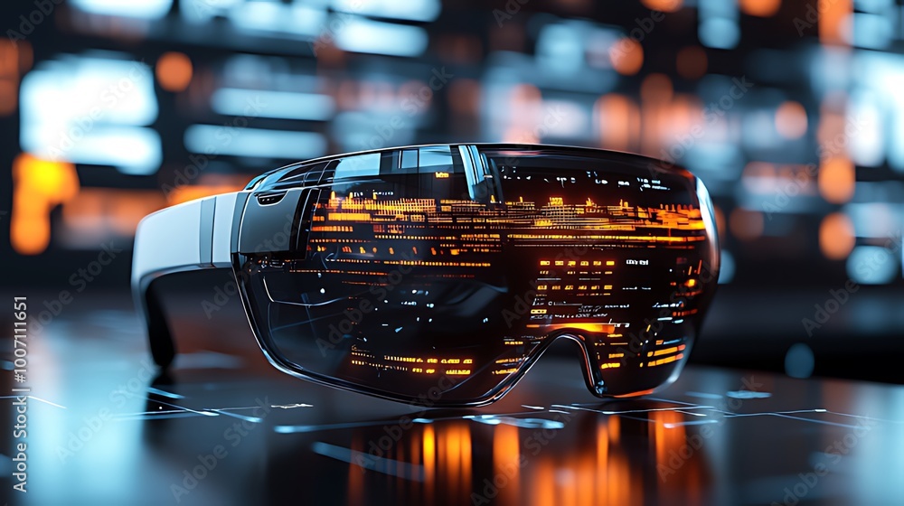 Futuristic VR glasses with glowing digital interface on a futuristic background. Futuristic VR glasses with glowing digital interface on a futuristic background.