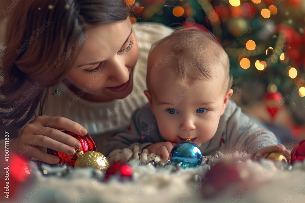 Naklejka premium A mother holds her infant close in front of a decorated Christmas tree, a festive scene for holiday cards or celebrations
